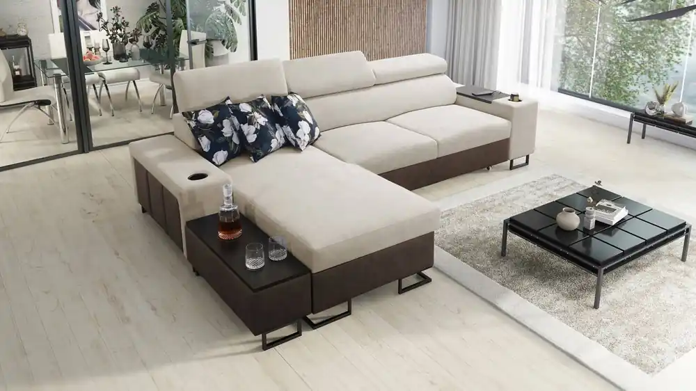 Ecksofa mit Schlaffunktion Flavio hellbeige/braun links elegantes Ecksofa mit einer seitlich öffnenden Verlängerungsstange Wochenendangebot