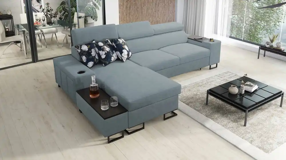 Ecksofa mit Schlaffunktion Flavio arktisblau links bequemes elegantes Ecksofa mit einer seitlich zu öffnenden Verlängerungsstange des Möbels Preiswert