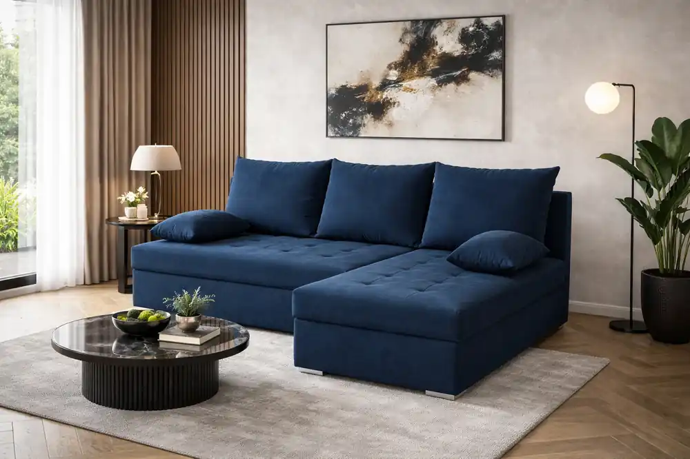 Preis Gesenkt Ecksofa mit Schlaffunktion Fasti dunkelblau Universal-Ecksofa mit Bettkasten eine Garantie für höchsten Komfort