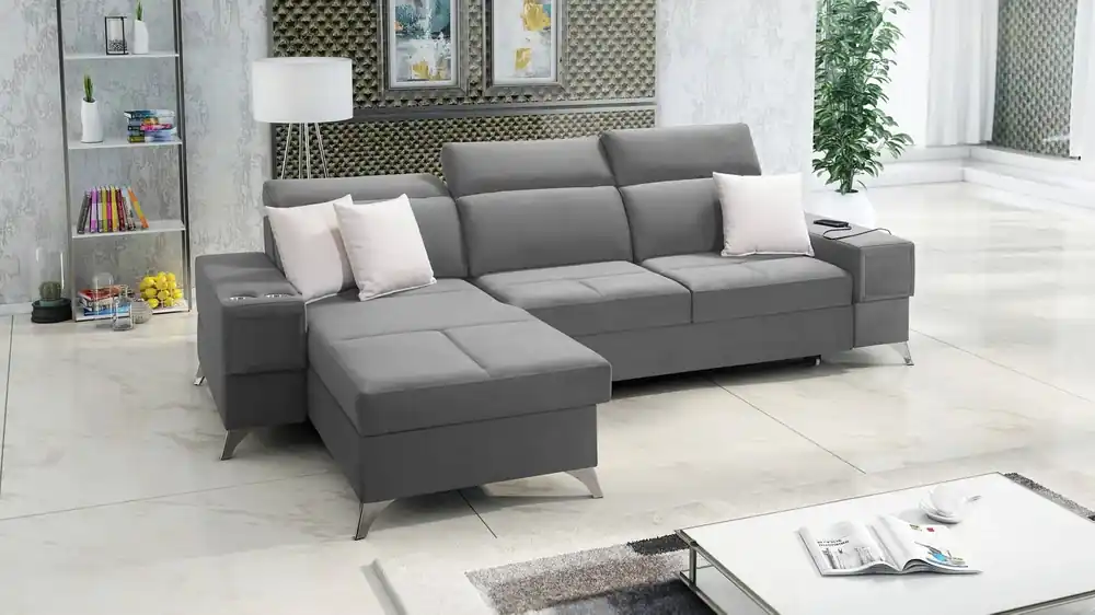 Ecksofa mit Schlaffunktion Elgin grau linkes Ecksofa mit verstellbaren Kopfstützen praktische Schubladen in den Seiten des Möbels Garantierte Lieferung