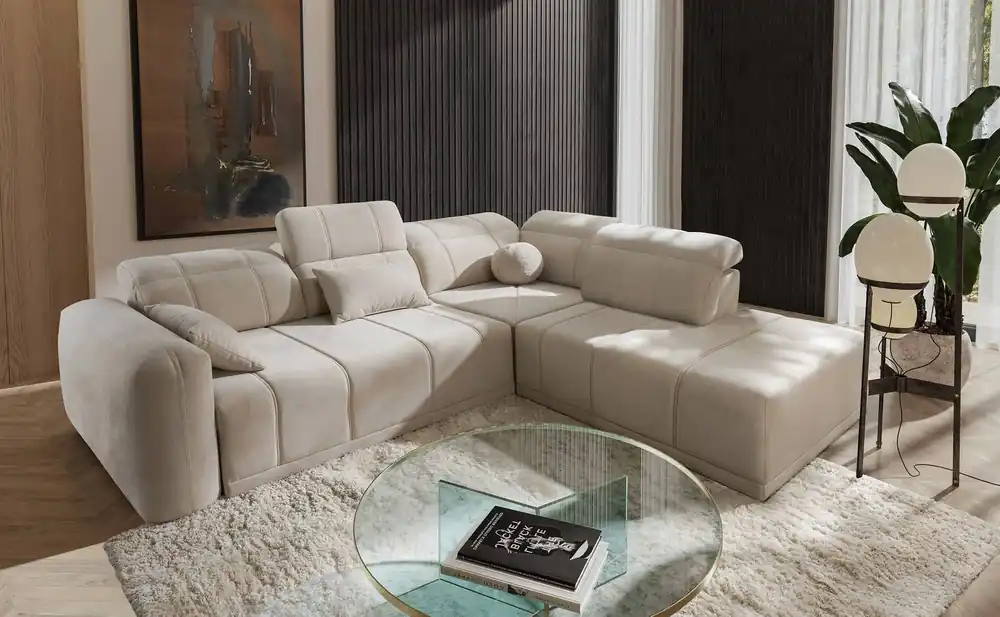 Ecksofa mit Schlaffunktion Cetara VII beige rechte Seite Hochwertiges Ecksofa für das Wohnzimmer mit bequemer Schiebelehne Sonderaktion