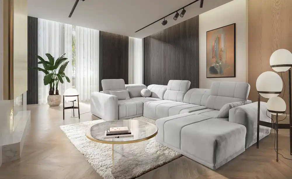 Ecksofa mit Schlaffunktion Cetara IV Esche grau rechts Design-Ecksofa mit verschiebbaren Rückenlehnen zwei Bettkästen Sonderaktion