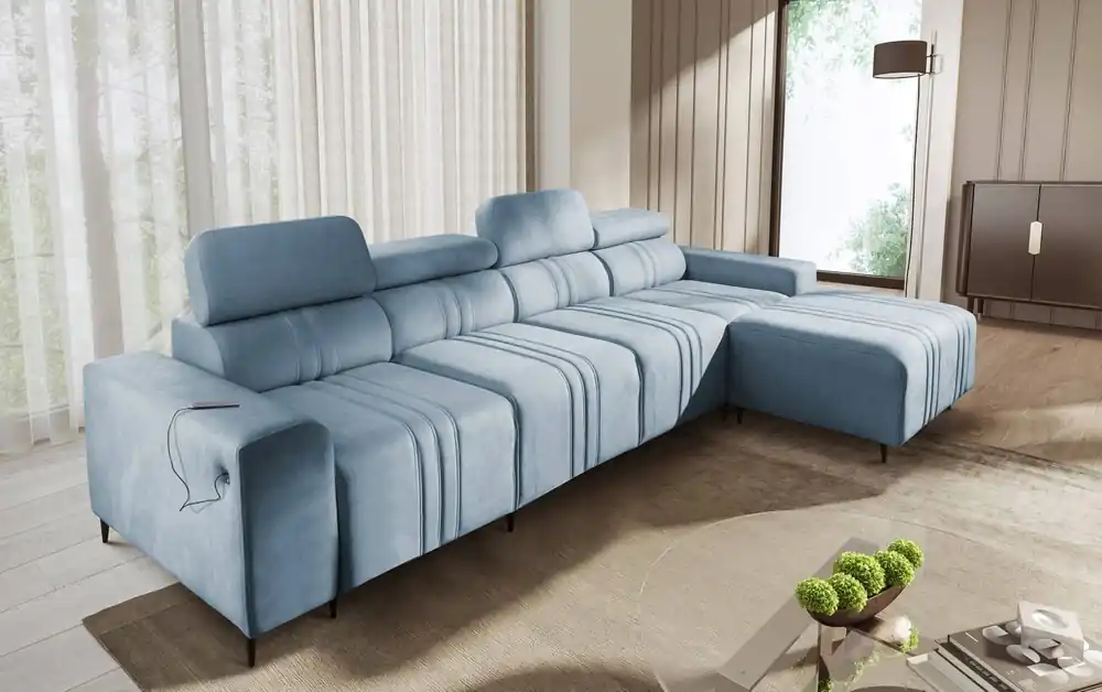 Ecksofa mit Schlaffunktion Castel XII blau rechte Seite stilvolles und bequemes Ecksofa für das Wohnzimmer funktionelle verstellbare Kopfstützen Bestseller