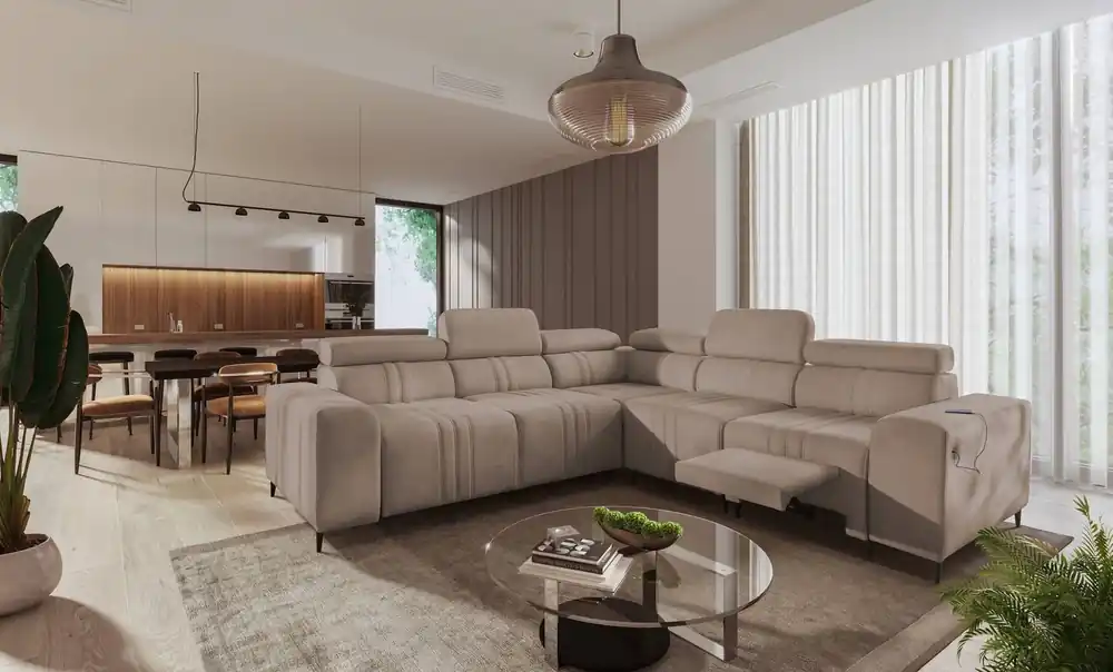 Ausverkauf Ecksofa mit Schlaffunktion Castel III Lux hellbraun rechtshändig äußerst bequemes Ecksofa für das Wohnzimmer mit ausziehbarer Fußstütze