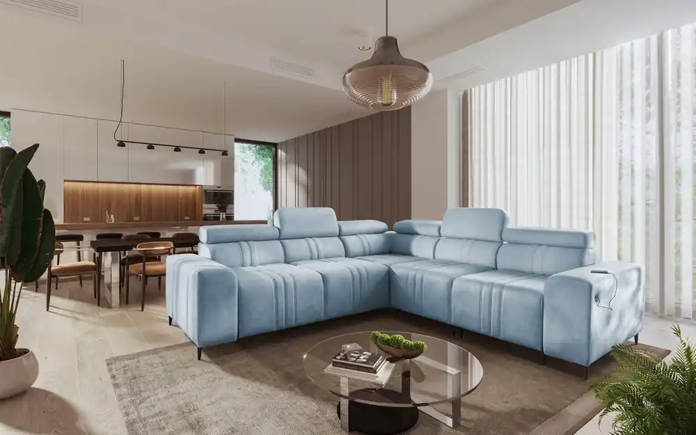 Ecksofa mit Schlaffunktion Castel III blau rechtes Ecksofa mit zwei Bettkästen verstellbare Kopfstützen Sonderaktion