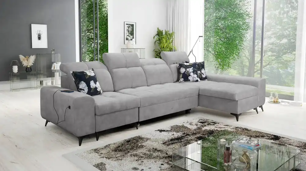 Ecksofa mit Schlaffunktion Buffalo XII grau rechte Seite stilvolles und funktionelles Ecksofa mit Bettkasten Echt