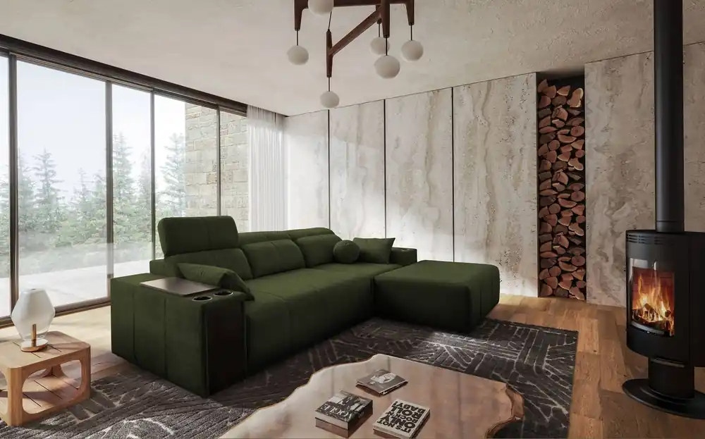 Mega-Angebot Ecksofa mit Schlaffunktion Tesalia grün rechte Seite modernes Design komfortable Schiebelehne Schublade in der Seite des Möbels