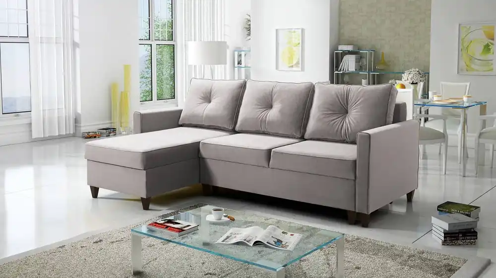 Ecksofa mit Schlaffunktion Terni grau grau Esche linke Ecke praktisches und funktionelles Sofa mit geräumigen Behältern für Bettzeug Mega-Angebot