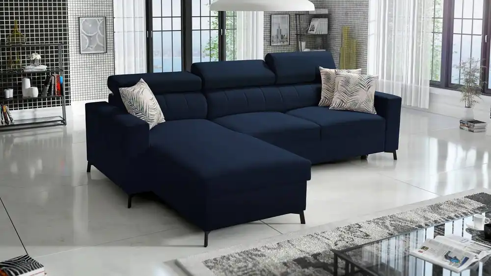 Ecksofa mit Schlaffunktion Savona navy blue links komfortables und elegantes Ecksofa mit verstellbaren Kopfstützen Ziernähte Markenware