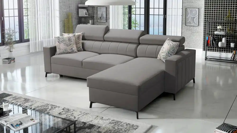 Ecksofa mit Schlaffunktion Savona grau rechte Ecke bequem und elegant mit verstellbaren Kopfstützen Ziernaht Markenware