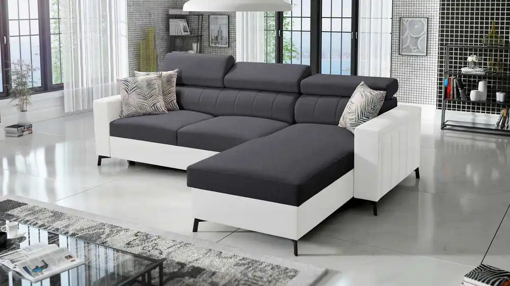 Heißes Angebot Ecksofa mit Schlaffunktion Savona graphit/weiß rechts elegantes Ecksofa mit verstellbaren Kopfstützen Ziernähte