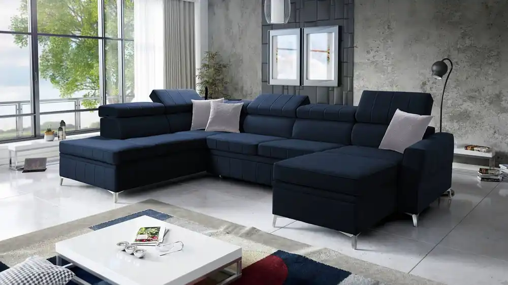 Direkt Vom Hersteller Ecksofa mit Schlaffunktion Rava VI marineblau rechts Praktisches und modernes Ecksofa, ausgestattet mit einer Multifunktionslampe