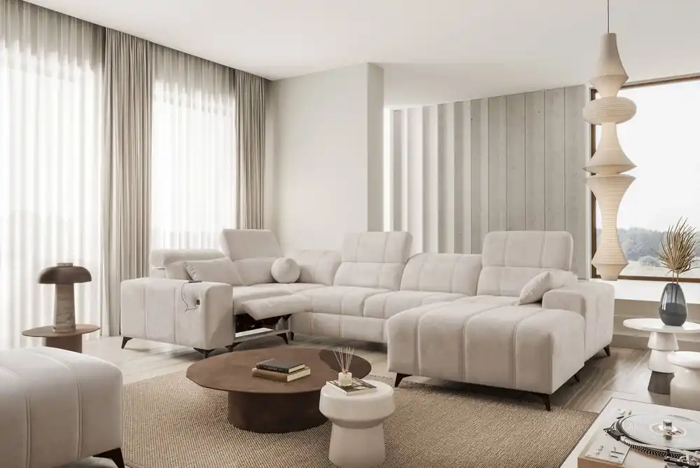 Ecksofa mit Schlaffunktion Penejos IV Lux beige rechtsseitig stilvolles Ecksofa mit komfortablem ausziehbarem Fußteil Aktuell
