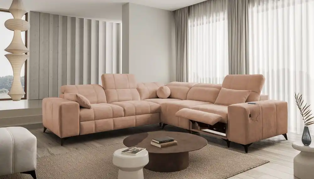 Knallerangebot Ecksofa mit Schlaffunktion Penejos III Lux lachsfarben bequemes Ecksofa für das Wohnzimmer mit ausziehbarem Fußteil Bettwäschecontainer
