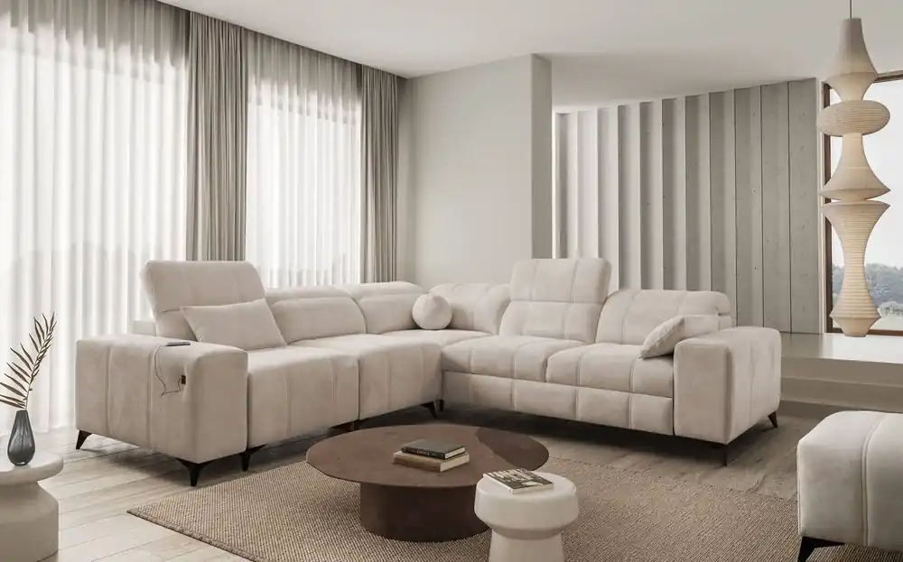 Ecksofa mit Schlaffunktion Penejos III beige links äußerst bequemes und praktisches Ecksofa für das Wohnzimmer zwei Container für Bettzeug Top-Angebot