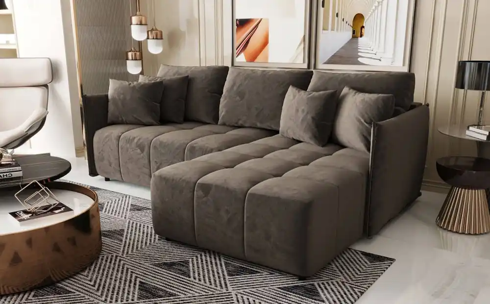 Bestpreis Ecksofa mit Schlaffunktion Oroso hellbraun rechts Ecksofa weicher Samtstoff mit hydrophober Beschichtung Bettzeugbehälter