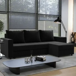 Zertifiziert Ecksofa mit Schlaffunktion Pasco schwarz rechte Ecke Klassisches Ecksofa, das in jede Einrichtung passt Ziernähte