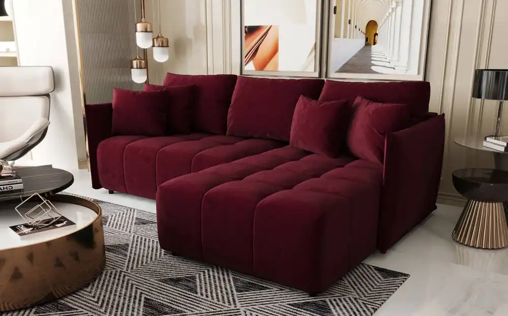 Super-Preis Ecksofa mit Schlaffunktion Oroso kastanienbraun rechte Seite weicher Samtstoff mit hydrophober Beschichtung Bettzeugbehälter