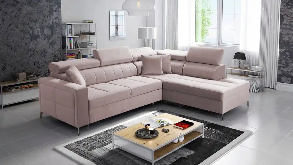 Ecksofa mit Schlaffunktion Nausa III puderrosa rechts Samt stilvolles bequemes Ecksofa verstellbare Kopfstützen Bettzeugcontainer Finale Aktion