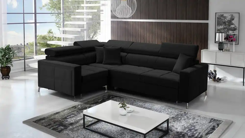 Preis Gesenkt Ecksofa mit Schlaffunktion Nausa II schwarzer linksseitiger Samt Ziernaht auf der Sitzfläche Ecksofa mit Bettkasten