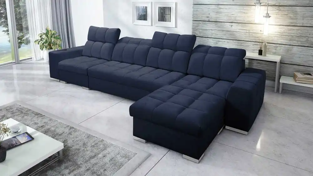 Expressversand Ecksofa mit Schlaffunktion Luigi XII marineblau rechte Seite stilvolles Ecksofa für das Wohnzimmer in einer minimalistischen und eleganten Ausführung