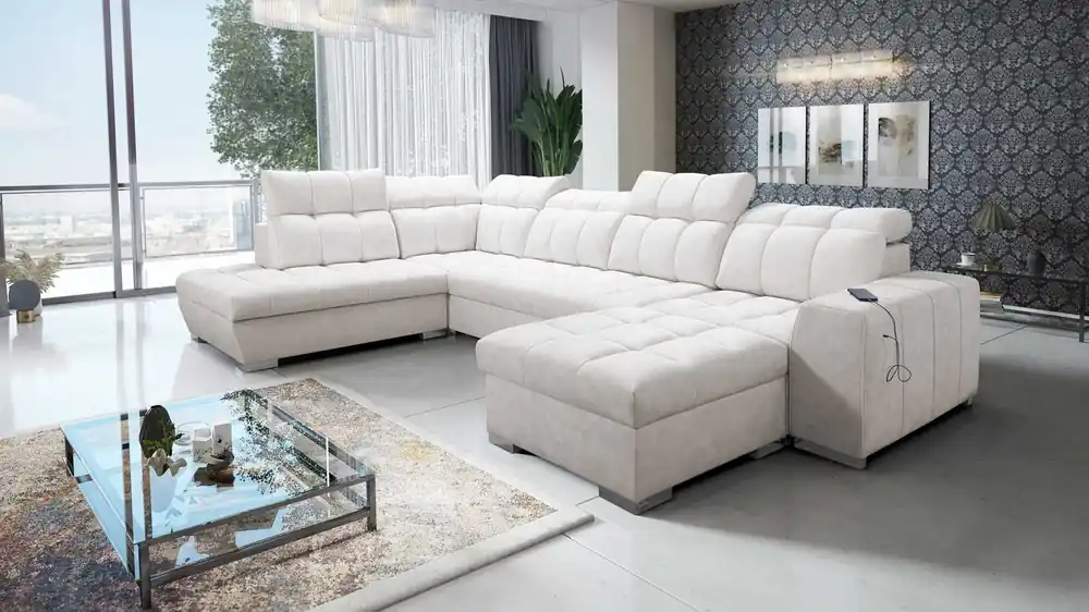 Sonderangebot Ecksofa mit Schlaffunktion Luigi VI hellbeige rechtsseitiges stilvolles Ecksofa mit Bettkästen, bezogen mit weichem Stoff