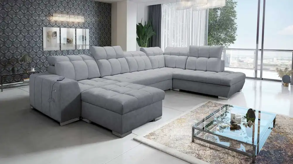 Preiswert Ecksofa mit Schlaffunktion Luigi VI grau linke Seite stilvolles Ecksofa mit Bettzeugcontainer mit weichem Stoff bezogen