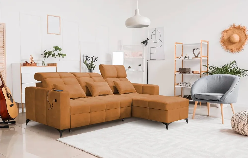 Markenprodukt Ecksofa mit Schlaffunktion Laredo honey rechte Ecke komfortables und stilvolles Schlafsofa mit Bettzeugcontainer
