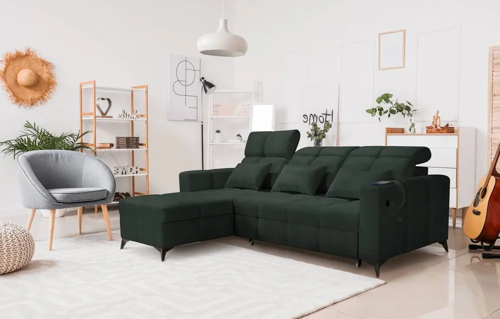 Ecksofa mit Schlaffunktion Laredo grün linke Ecke komfortables und stilvolles Schlafsofa mit Bettzeugcontainer Sonderangebot