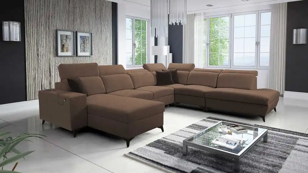 Ecksofa mit Schlaffunktion Kelly Sleek X hellbraun links extrem elegantes Ecksofa für Wohnzimmer mit verstellbaren Kopfstützen Direktkauf