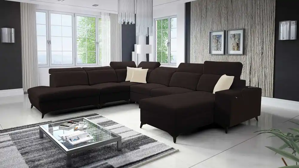 Garantierte Lieferung Ecksofa mit Schlaffunktion Kelly Sleek X braun rechts extrem elegantes Ecksofa für Wohnzimmer mit verstellbaren Kopfstützen