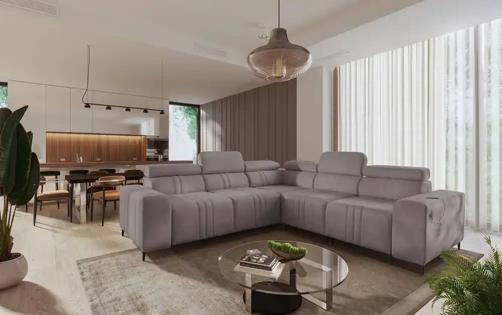 Echt Ecksofa mit Schlaffunktion Castel III grau-braun rechtes Ecksofa mit zwei Bettkästen verstellbare Kopfstützen