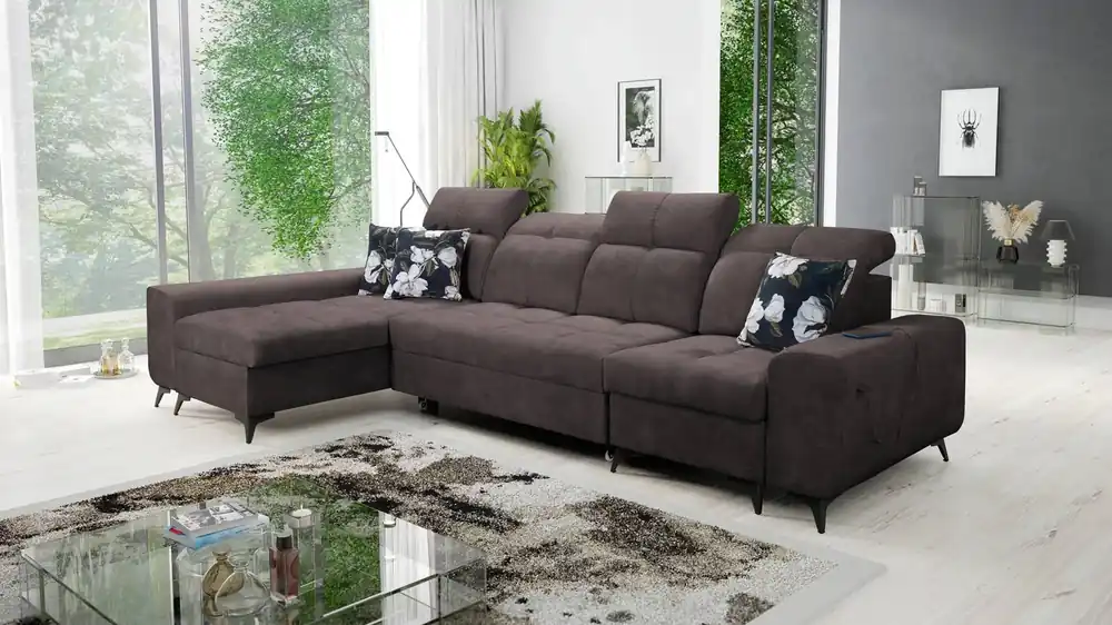 Geprüft Ecksofa mit Schlaffunktion Buffalo XII braun linksseitig stilvolles und funktionelles Ecksofa mit Bettzeugcontainer
