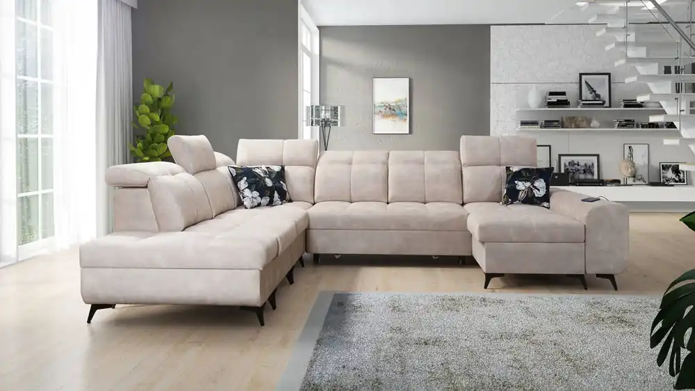 Ecksofa mit Schlaffunktion Buffalo X beige linke Seite funktionelles und bequemes Ecksofa für einen Raum mit Bettzeugcontainern Mega-Angebot