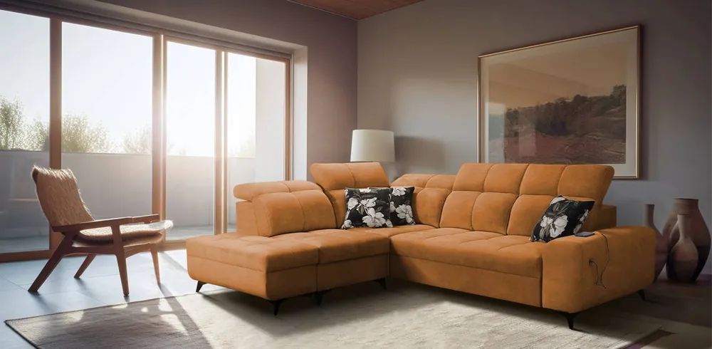 Sofort Bestellen Ecksofa mit Schlaffunktion Buffalo VII honig links stilvolles Ecksofa mit Bettzeugcontainern Velourstoff