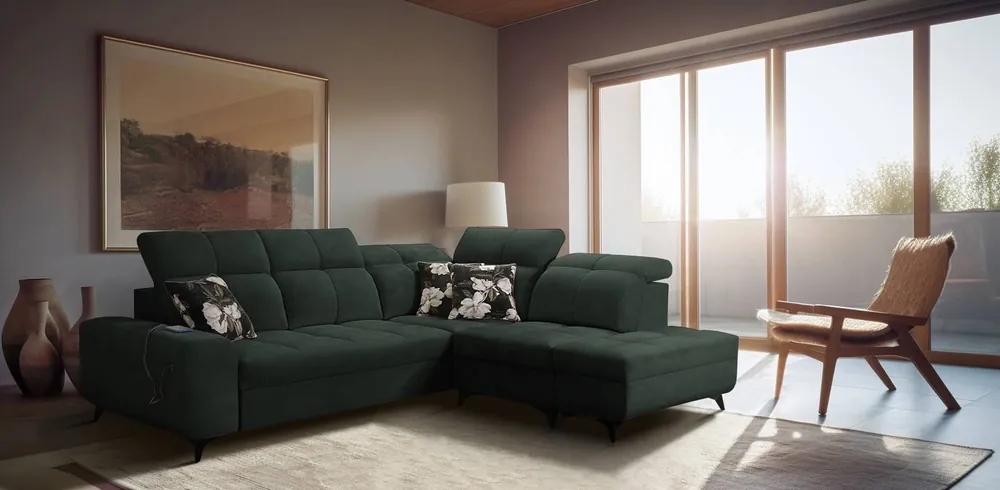 Ecksofa mit Schlaffunktion Buffalo VII grün rechtsseitig stilvolles Ecksofa mit Bettzeugcontainern Velourstoff Angebot