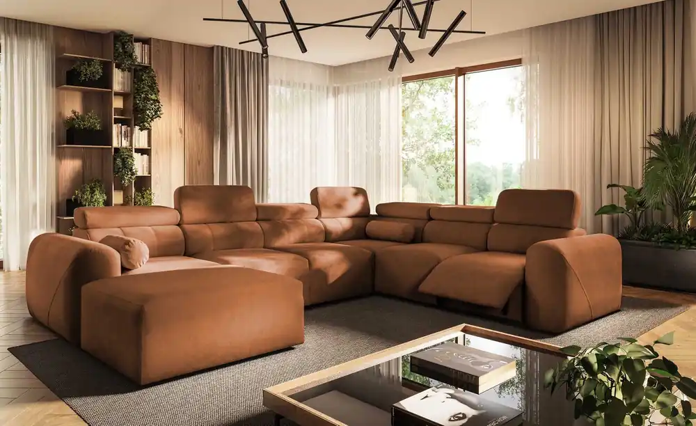 Angebot Ecksofa mit Schlaffunktion Cantare VIII Lux ziegelrot links Designer Ecksofa mit elektrischer Fußstütze
