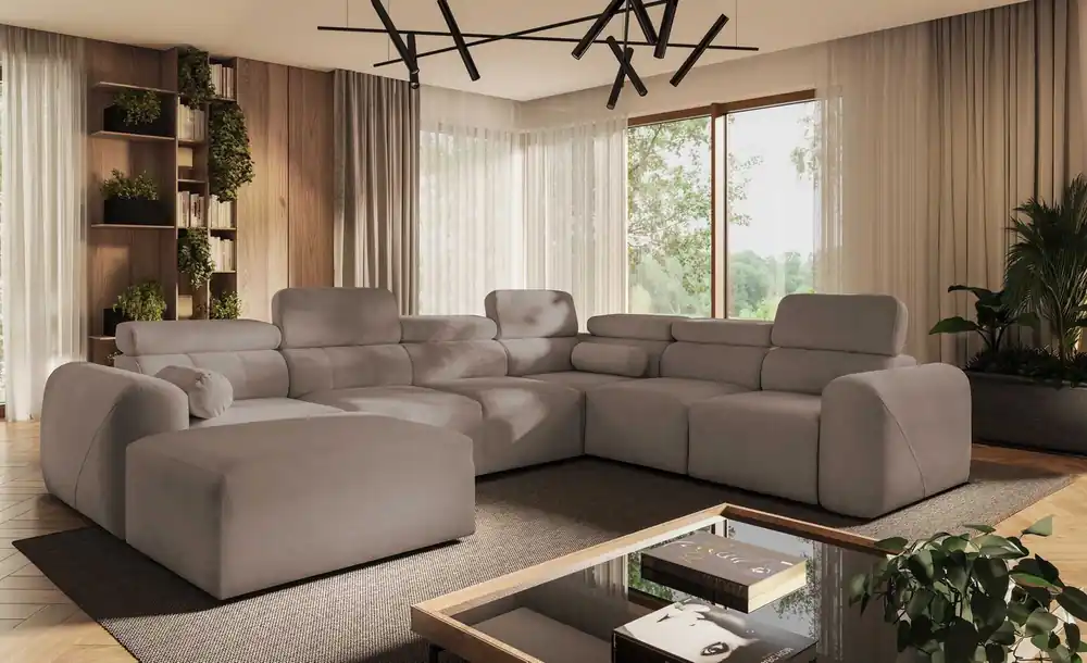 Neue Kollektion Ecksofa mit Schlaffunktion Cantare VIII dunkelbeige links geschmackvolles Ecksofa mit verstellbaren Kopfstützen Bettzeugcontainer