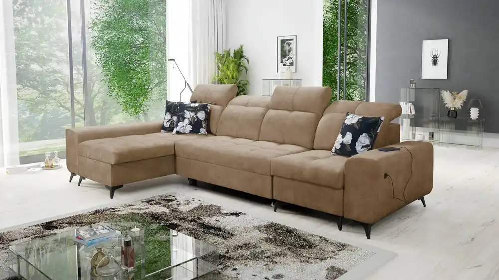 Rabatt Ecksofa mit Schlaffunktion Buffalo XII dunkelbeige linke Seite stilvolles und funktionelles Ecksofa mit Bettzeugcontainer