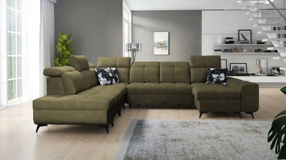 Ecksofa mit Schlaffunktion Buffalo X olivgrün rechts funktionales und bequemes Ecksofa für ein Zimmer mit Bettzeugcontainern Rabatt