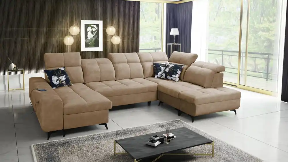 Ecksofa mit Schlaffunktion Buffalo VI dunkelbeige links funktionelles und stilvolles Ecksofa mit Bettzeugcontainern Preis Gesenkt