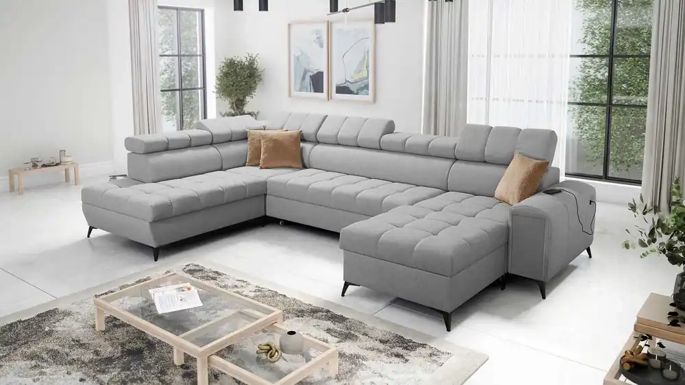 Sale Ecksofa mit Schlaffunktion Bolmso VI grau rechts bequemes Ecksofa mit verstellbaren Kopfstützen dekorative Steppung auf der Sitzfläche