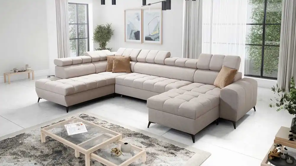 Expressversand Ecksofa mit Schlaffunktion Bolmso VI beige rechtsseitiges bequemes Ecksofa mit verstellbaren Kopfstützen Ziersteppung auf der Sitzfläche