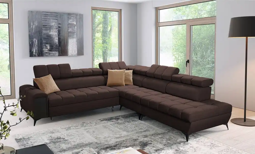 Schneller Versand Ecksofa mit Schlaffunktion Bolmso IX braun rechte Seite bequemes Ecksofa für Wohnzimmer mit Schublade Bettzeug Container stilvolles Design