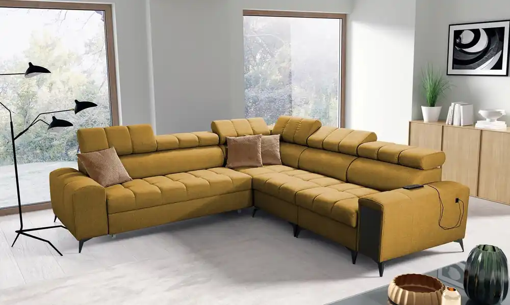 Sale Ecksofa mit Schlaffunktion Bolmso III Senf rechts Ecksofa mit Bettzeugcontainer Vollauszug in der Seite des Möbels