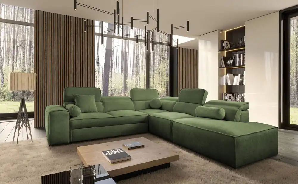 Ecksofa mit Schlaffunktion Viano IX grün rechtsseitig stilvolles Ecksofa mit Bettzeugcontainer ideales Möbelstück für ein großes Wohnzimmer Aktuell