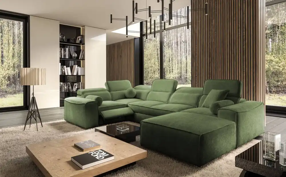 Ecksofa mit Schlaffunktion Viano IV Lux grün rechts Design-Ecksofa mit ausziehbarem Fußteil großer Bettzeugbehälter Heißes Angebot