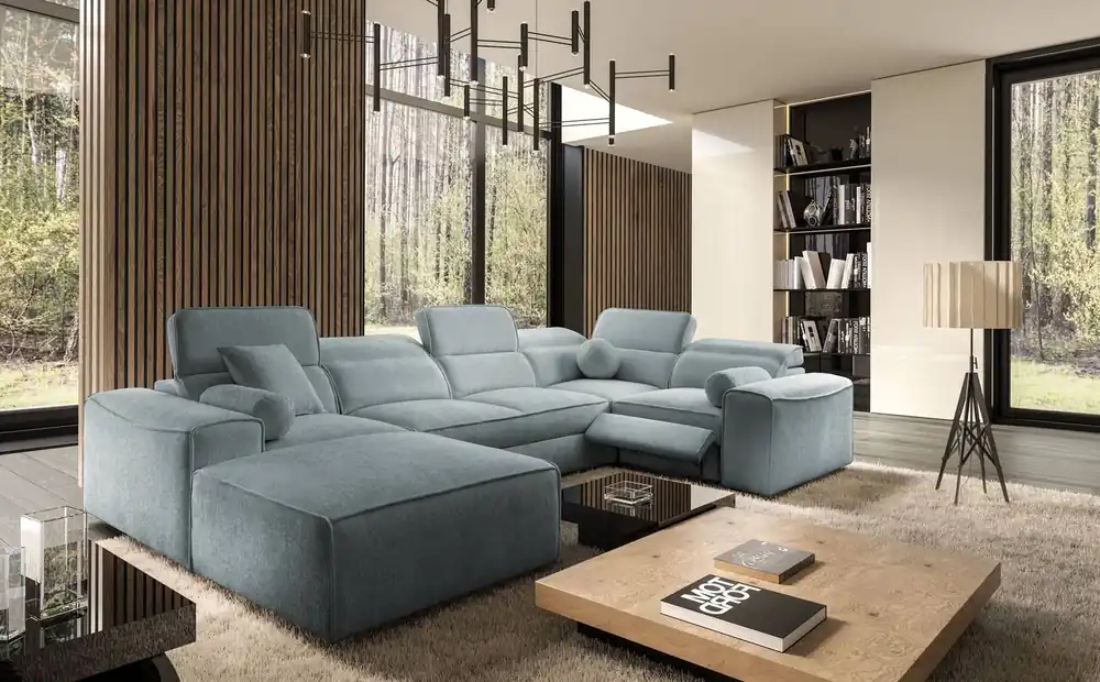Ecksofa mit Schlaffunktion Viano IV Lux grau-blau Design-Ecksofa links mit ausziehbarem Fußteil großes Bettzeugfach Neu Im Sortiment
