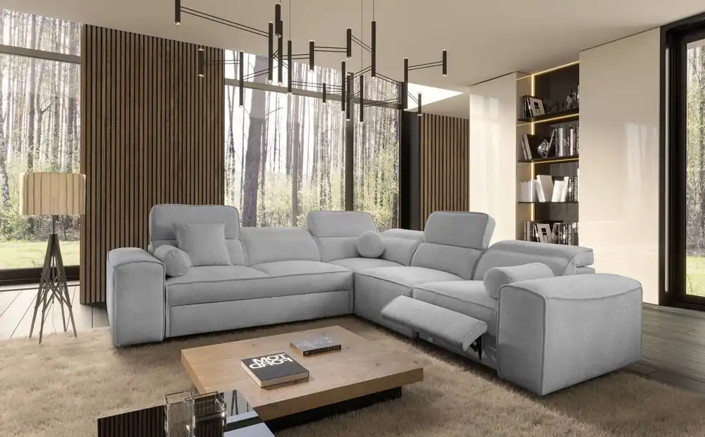 Ecksofa mit Schlaffunktion Viano III Lux hellgrau rechts modernes Ecksofa für Wohnzimmer mit ausziehbaren Fußstützen Stauraum für Bettzeug Neue Ware