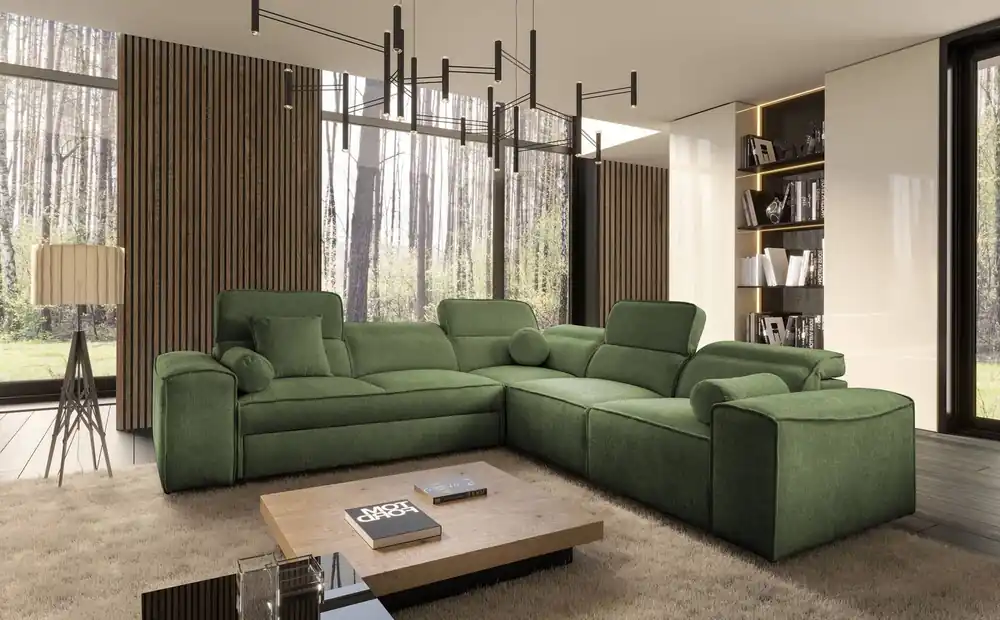 Letzte Chance Ecksofa mit Schlaffunktion Viano III grün rechte Seite stilvolles Ecksofa mit Bettzeugcontainern perfekt für moderne Interieurs